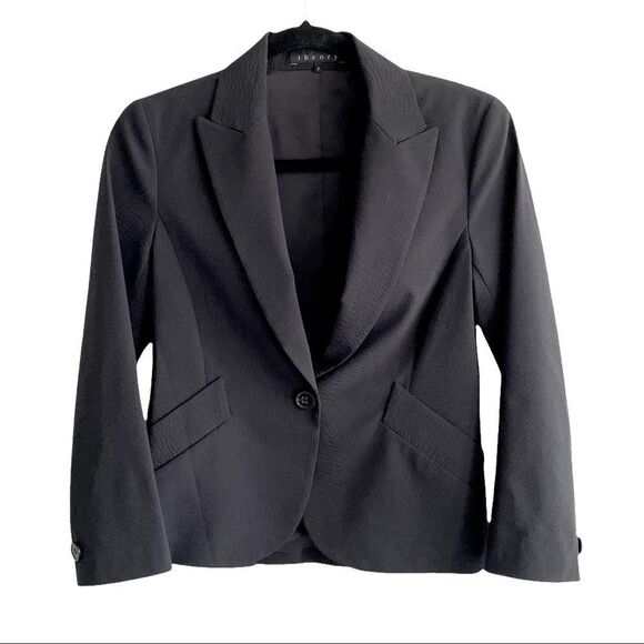 Theory Wool Stretch Cropped Boyfriend Blazer Black Pinstripe 2 - Picture 4 of 12